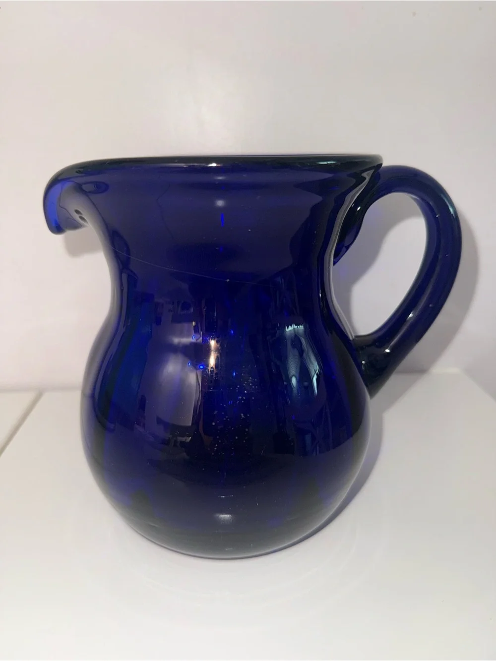 Vintage Cobalt Blue Hand Blown Glass Pitcher Vase Mid Century Art Glass - Blenko